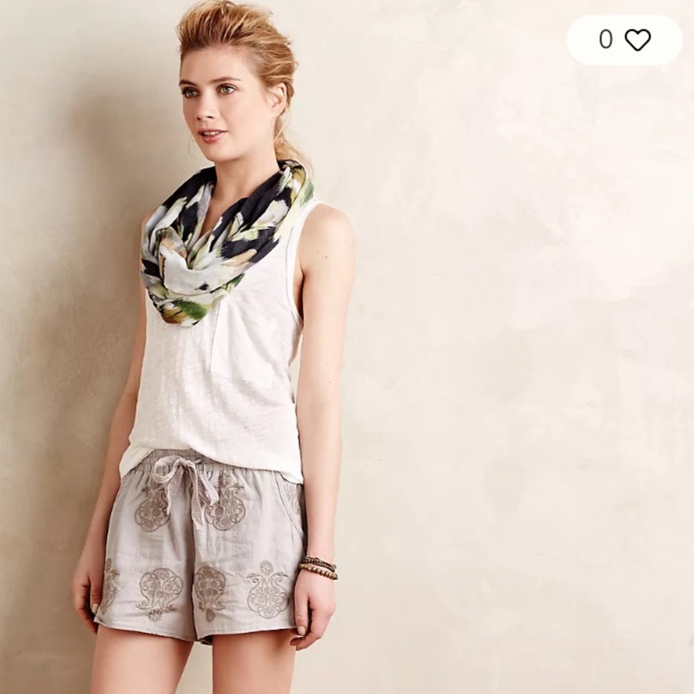 Anthropologie linen blend embroidered grey shorts size S